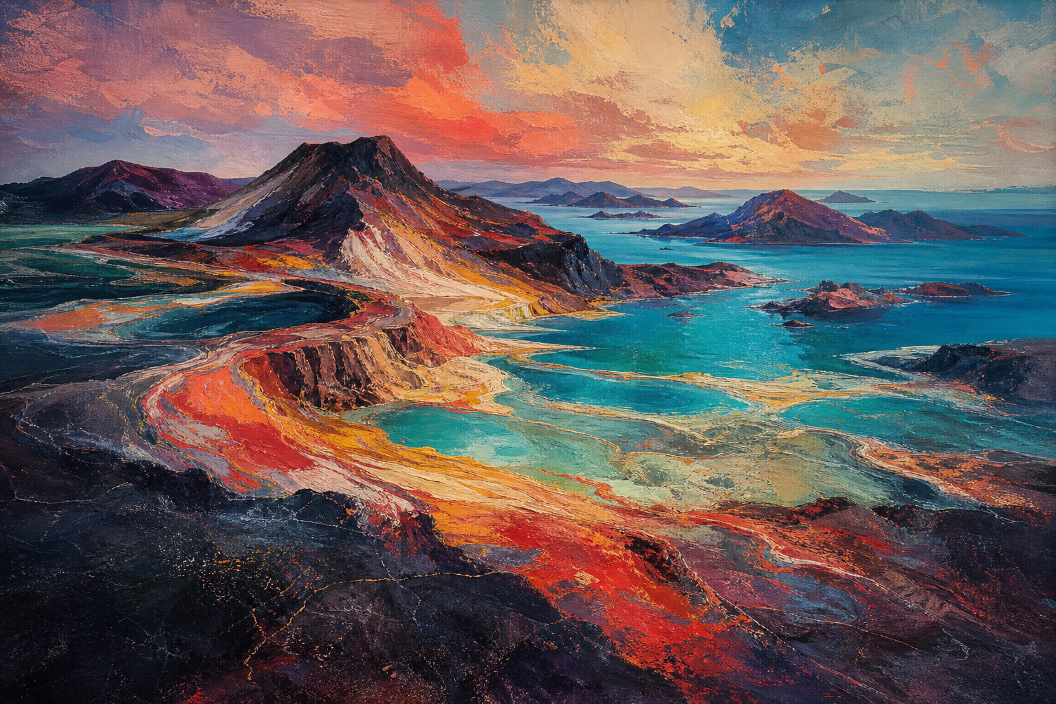 A vivid painted volcanic archipelago flowing into turquoise water